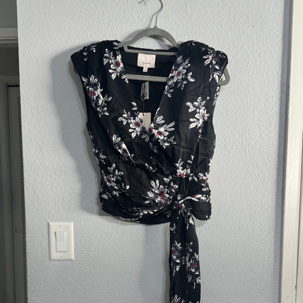 Cinq à Sept Black Floral Wrap Blouse